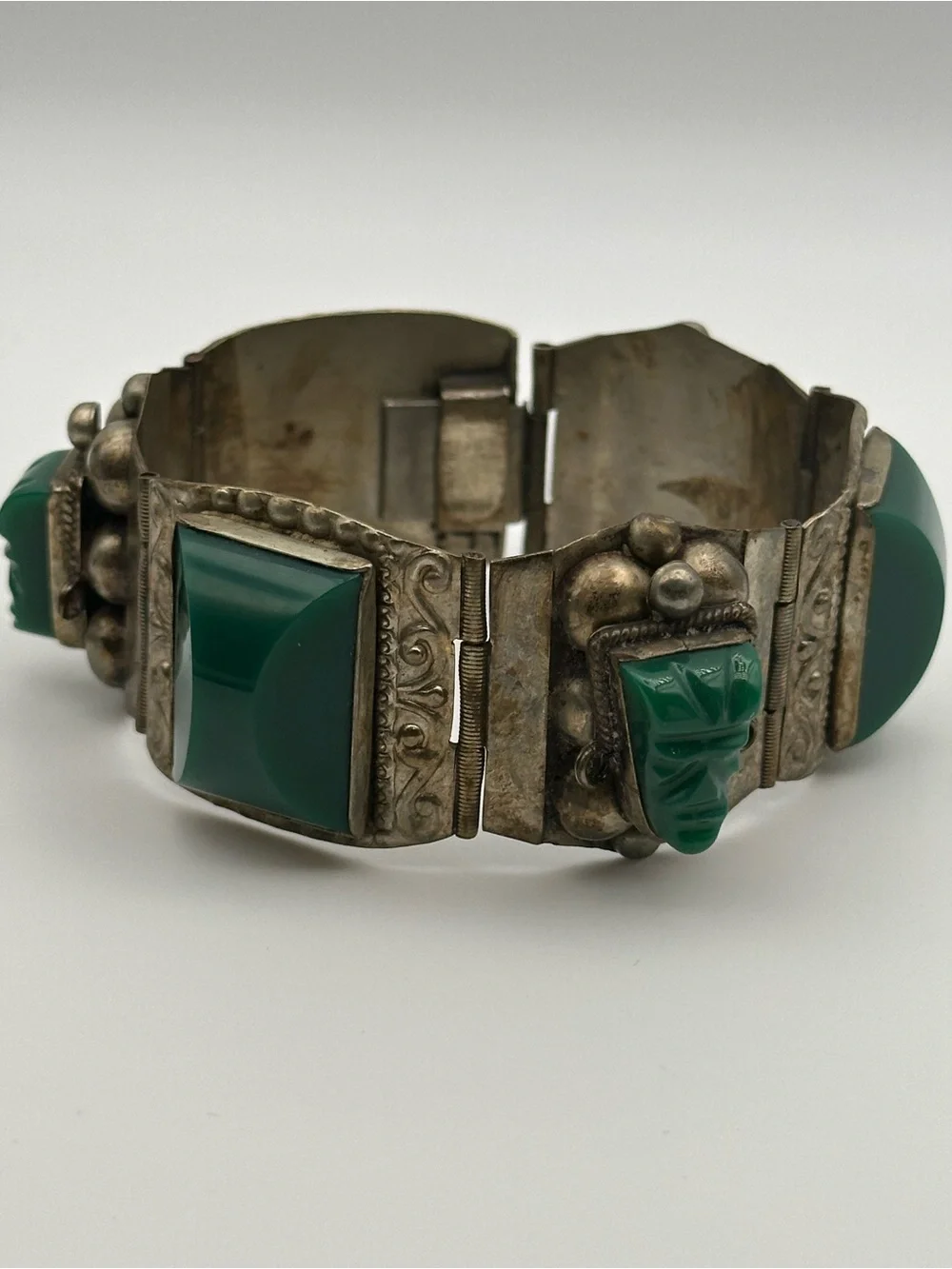 Vintage TAXCO Mexico 925 Sterling Silver Carved Green Onyx Panel Bracelet